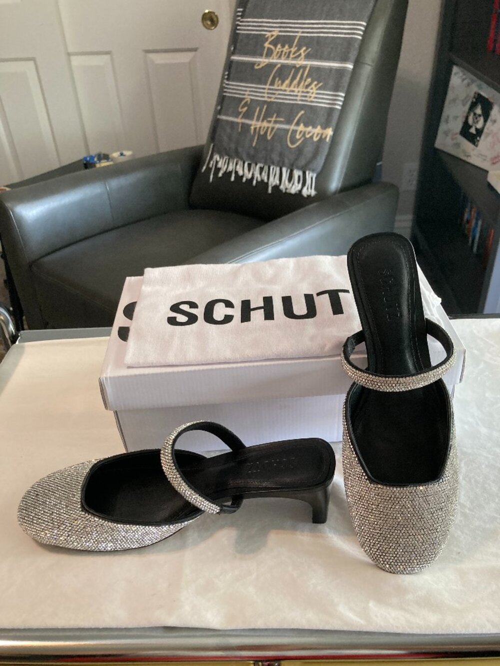 Schutz Bertie Glam Silver Crystal on Black Leather, Size 7.5B, NIB